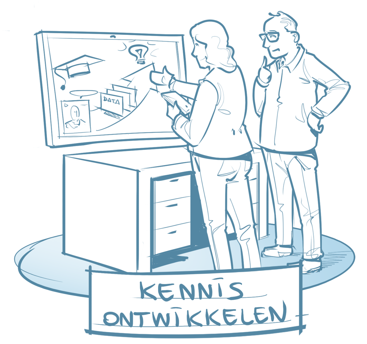 Illustratie van twee mensen aan een bureau met een groot scherm. Verbeelding van het delen van kennis binnen het NAD